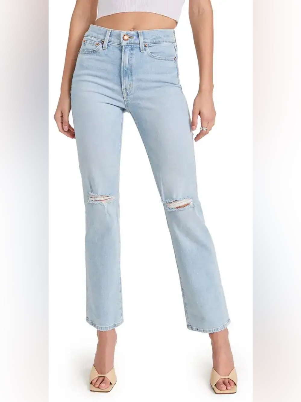 AYR The Sugar Jean in light wash denim distressed knee size 29 stretch denim